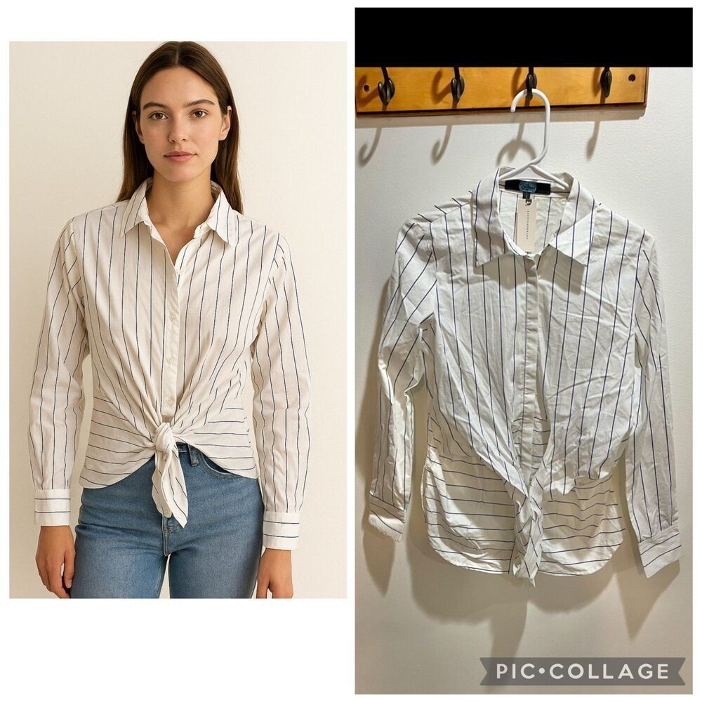 Anthropologie Small Striped Self Tie Button Down Shirt Minimalist Preppy Office
